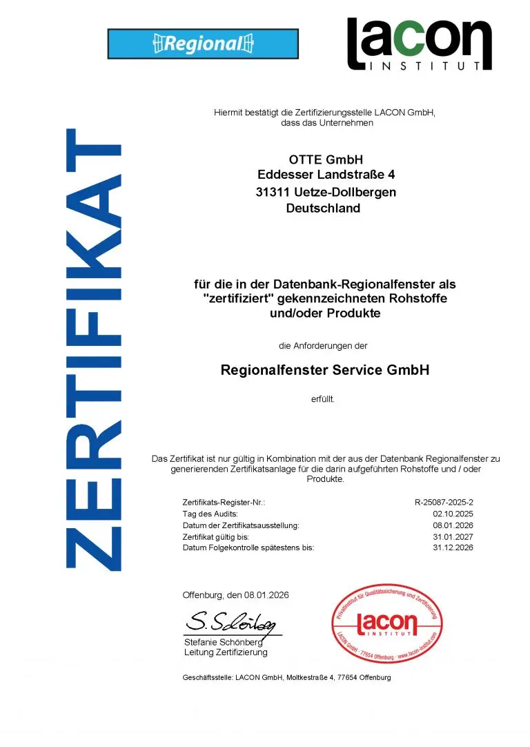 Zertifikat Regionalfenster Service GmbH