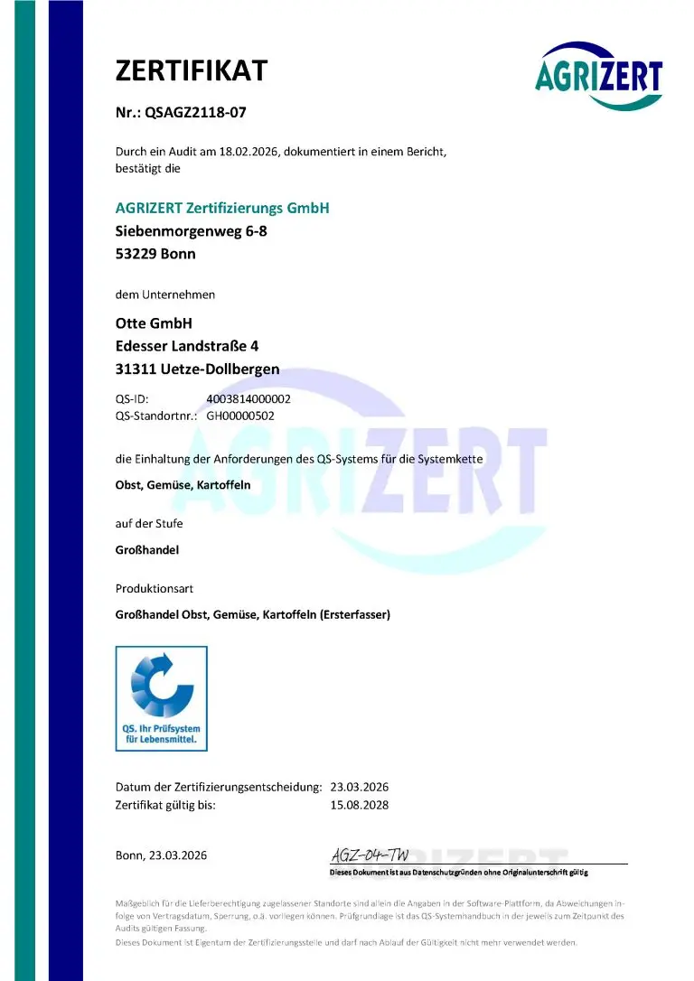 Bestätigung Zertifikat Einhaltung der Andorderungen des QS-Systems für die Systemkette Obst, Gemüse, Kartoffeln
