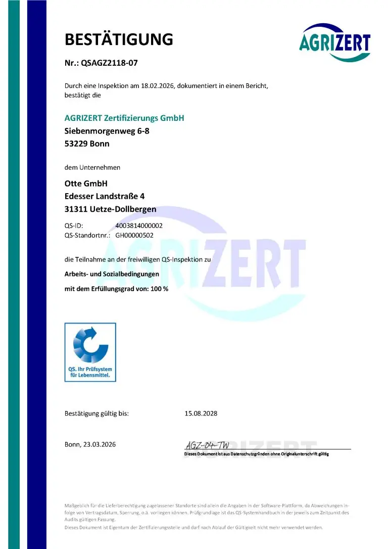 Bestätigung Zertifikat Arbeits- und Sozialbedingungen mit dem Erfüllungsgrad 100%